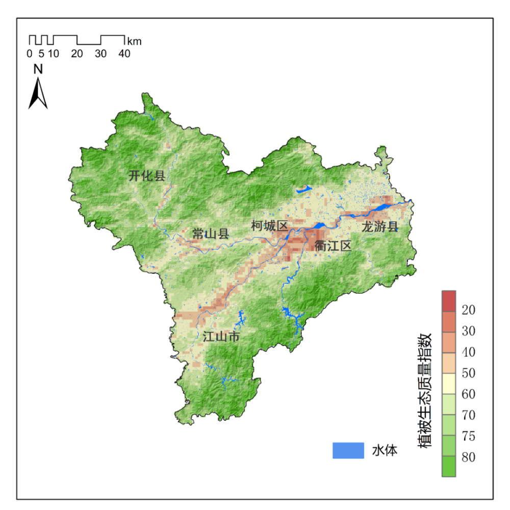 圖11 衢州市2005-2020年植被生態質量改善指數空間分佈 來源:市氣象局