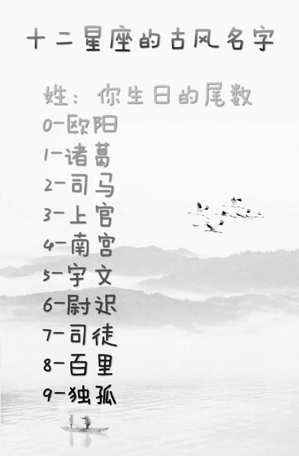 9-独孤8-百里7-司徒6-尉迟5-宇文4-南宫3-上官2-司马1-诸葛0-欧阳姓