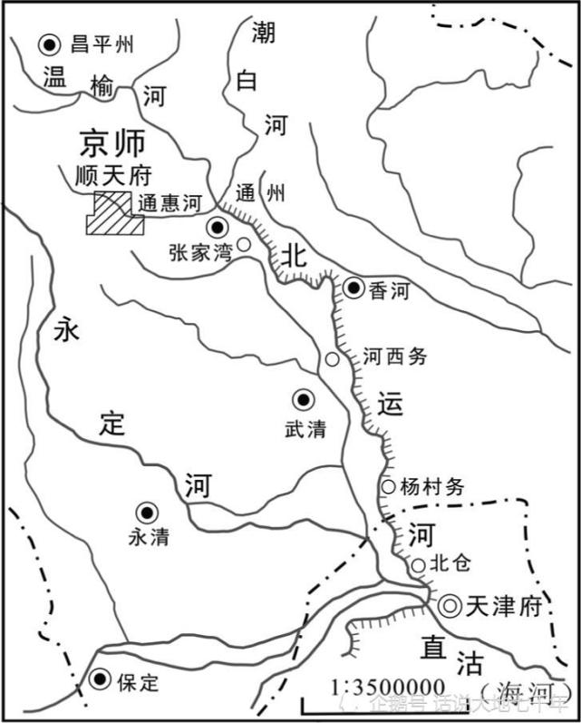 白河在密云县城西南汇流后称潮白河,至通县城北注入温榆河,形成北运河