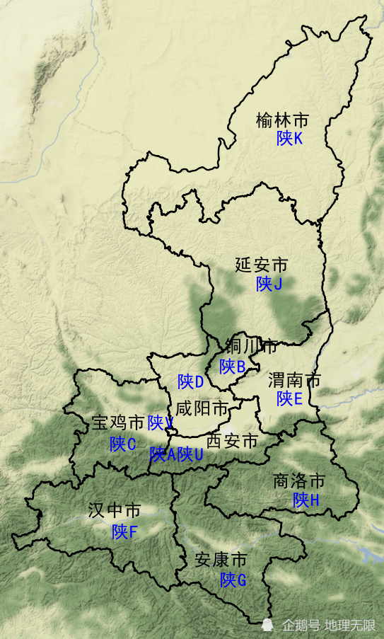 陝西省車牌號首字母分佈地圖