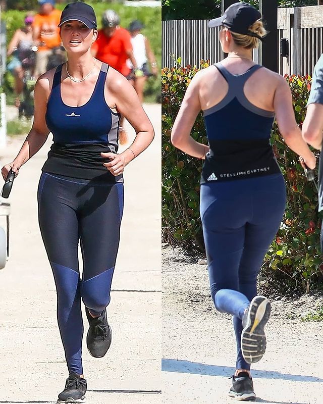 39岁伊万卡炎热海滩跑步表情挣扎穿运动背心身姿壮硕又健美