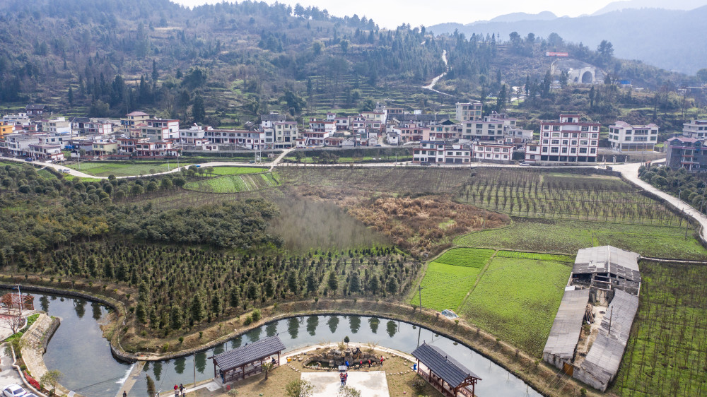 贵州省龙里县冠山街道五新村的志愿者在清理广场上的池塘(2月12日摄