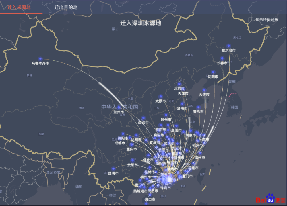 然后把这样的人群移动摊成一张地图:值得说的是深圳,除了吸纳了广东省