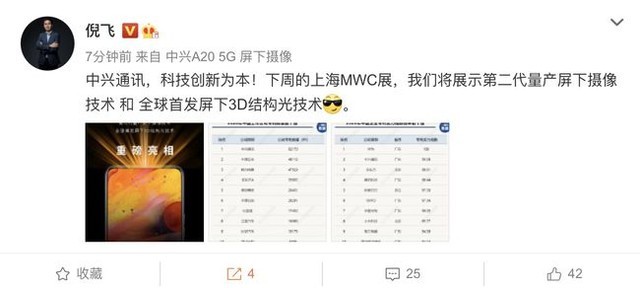 中兴下周展示第二代量产屏下摄像技术