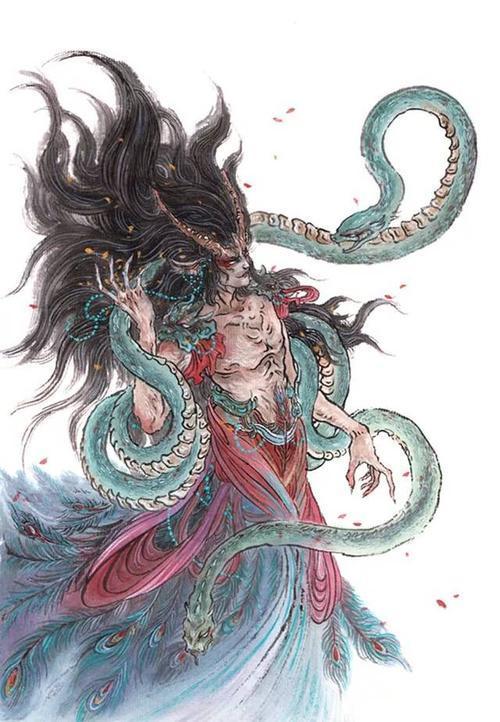 西方的蓐收神,左耳上有一条蛇,乘驾两条龙飞行.肃慎国在白民国的北面.