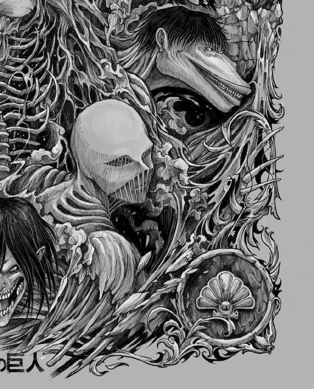 而最下面绘制的是进击的巨人,进击的巨人和始祖的位置很巧妙,让人会