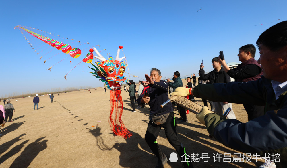 2021年2月20日,河南许昌,风筝爱好者在放飞龙头风筝.