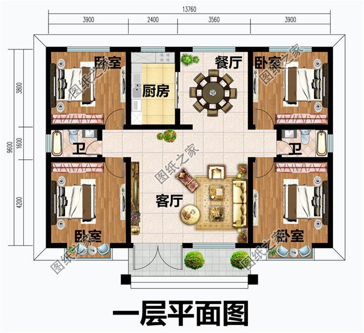 户型图展示第三款:农村一层带小院房屋设计图以及户型图,带院子自建房