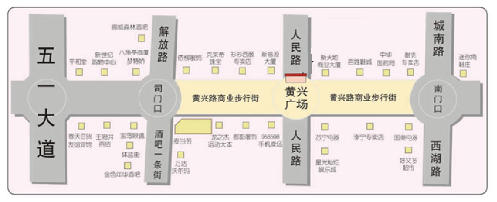 不仅如此,位于城市核心的黄兴路步行街,北连解放西路,南接城南西路,更