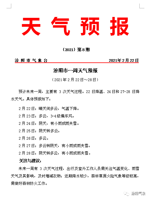 汾阳天气预报 下周有小雨或雨夹雪
