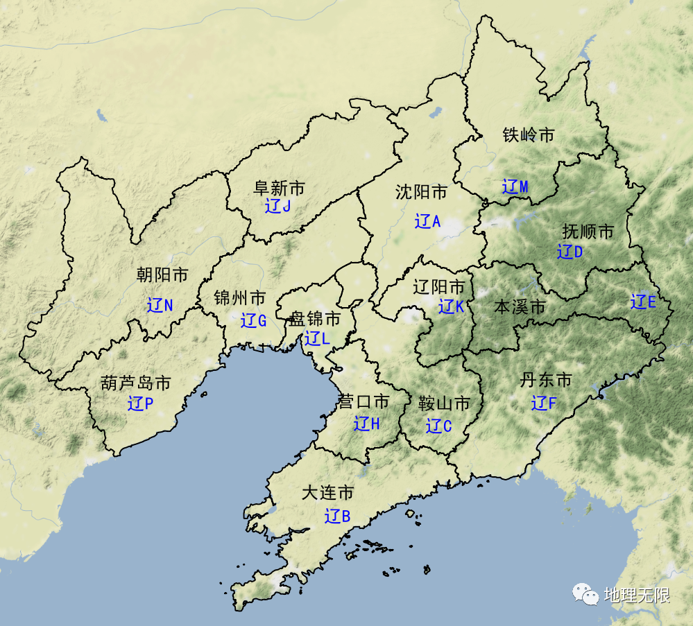 遼寧省車牌號首字母分佈地圖