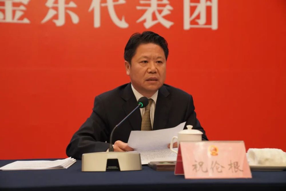 祝伦根在参加金东代表团审议时强调聚心聚智聚力全面掀起新区建设新