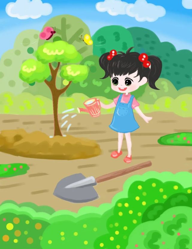 单图单人植树挖坑——>放树——>扶正,填土——>浇水植树的流程先