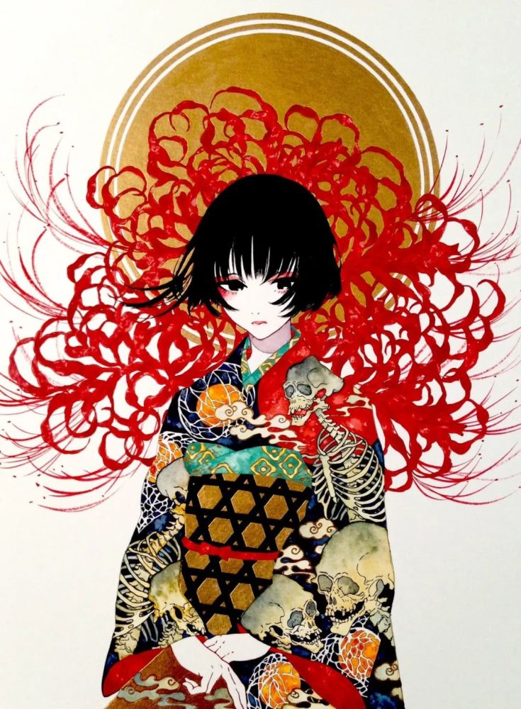 插画日式浮世绘和服少女华丽精致画风