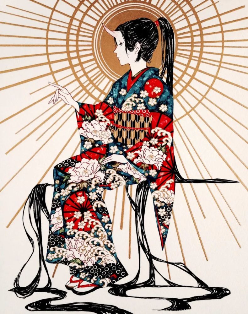 插画日式浮世绘和服少女华丽精致画风