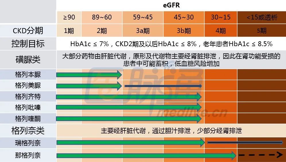 格列喹酮:通過膽汁在糞便中排出,僅有5%通過腎臟排出,用於ckd1-3期的2