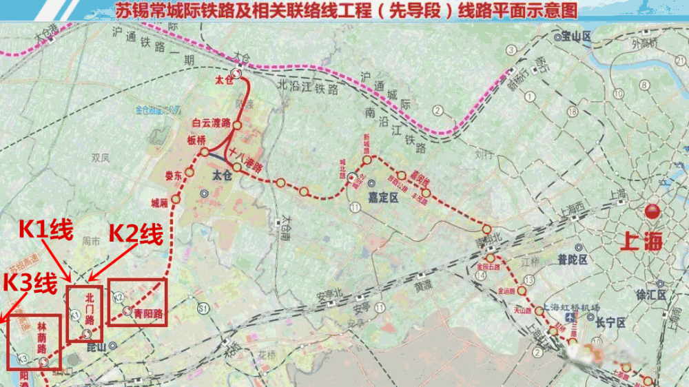 北门路站,昆山段完整出现了苏锡常城际铁路太仓先导段线路图中此次