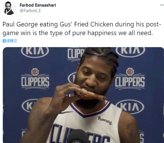 饿坏了快船赢球赛后乔治大口吃光鸡腿小卡调侃我啥都没吃到