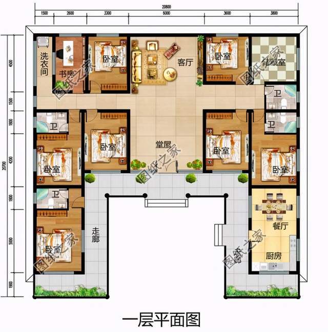 第二款:農村一層平房設計圖,佔地195平米,多臥室設計