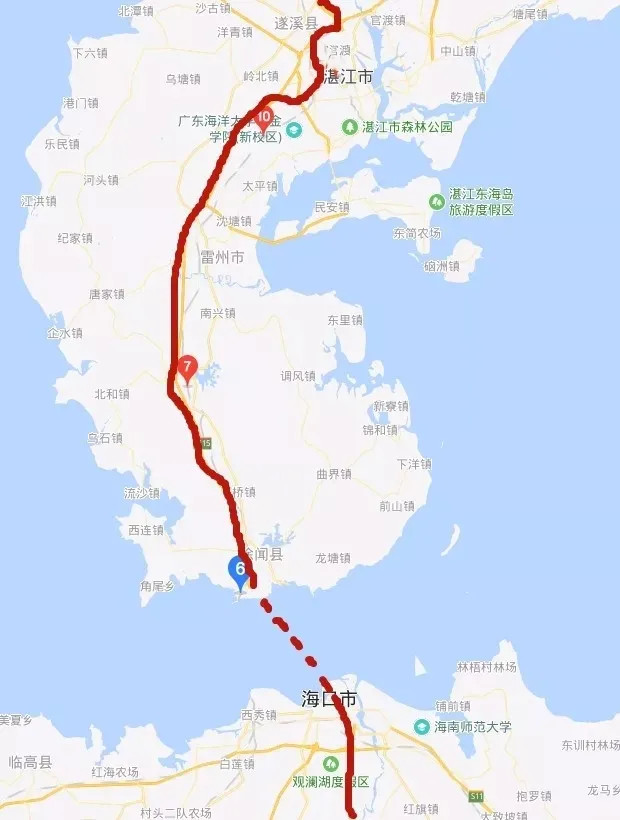 湛江至海口铁路正线长约129km,设计速度350km/h,新建雷州北,英利2个