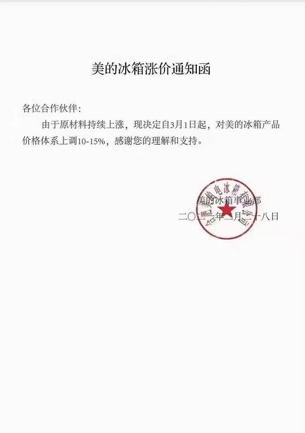 美的冰箱宣布涨价10至15因原材料价格持续上涨