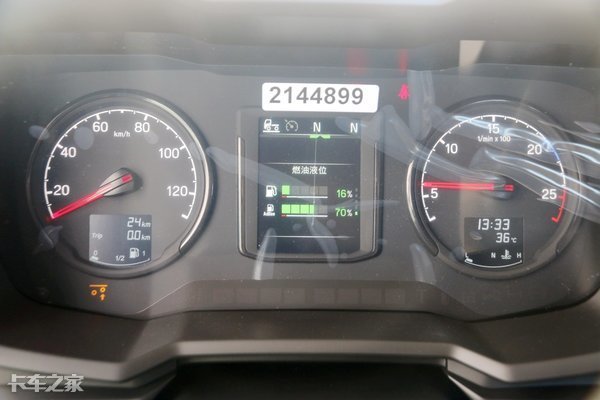 中间是车速里程表,底下是转速表,左侧显示屏表示水温,尿素量,燃油量