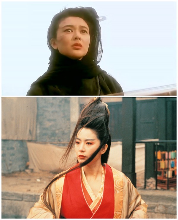 中,林青霞的东方不败顶着夸张的高髻,关之琳的任盈盈完全就是现代装