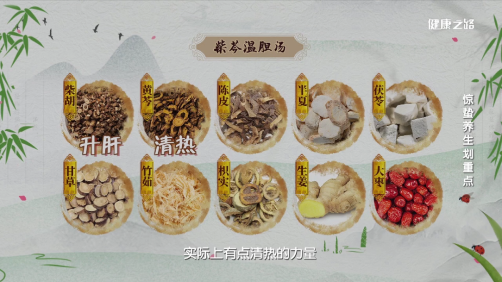 柴胡升肝,黄芩清热,这两味药材合起来有清肝经的功效,另外加上陈皮