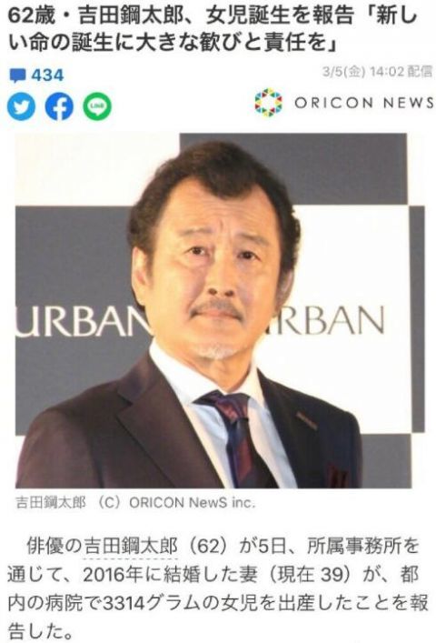 62岁吉田钢太郎喜得千金 感到莫大的喜悦和责任感 腾讯新闻