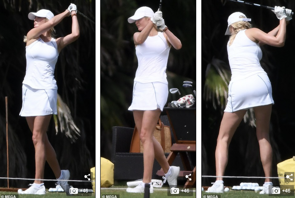 39岁伊万卡与丈夫打高尔夫,白衣显曼妙身材,舔嘴唇样子清纯