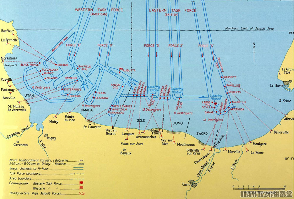 這張諾曼底登陸地圖中,詳細展示了各軍艦射擊的範圍和目標,以及登陸