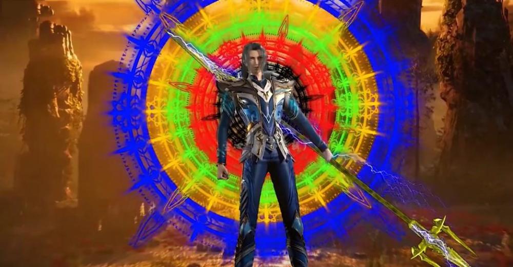 唐三背后搭配的魂环可以看到有红色黄色这种原版的魂环颜色,只是绿色