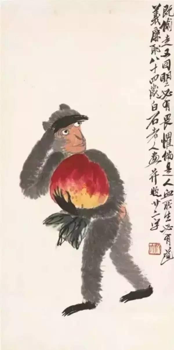 齐白石《猴子偷桃》此时不要再蘸颜料了,继续染其他部分,笔根的清水
