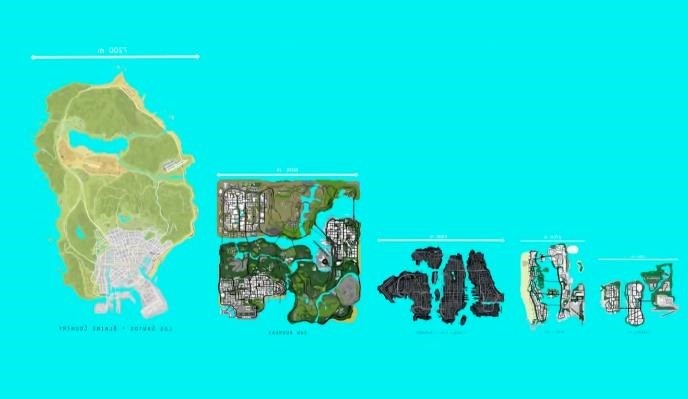 把gta系列的全部地图铺开对比每代游戏地图呈倍数上升