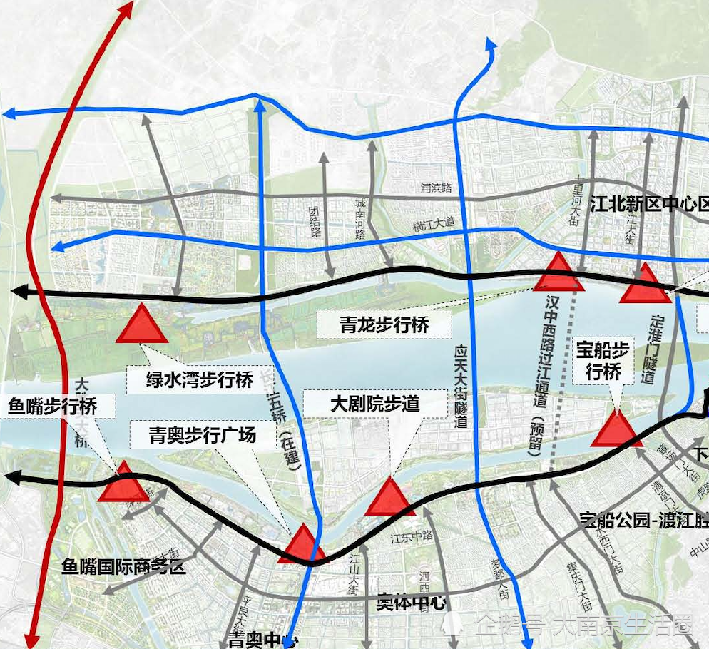根据此前规划,贯通河西,江心洲,江北这三地的过江通道,除了地铁之外
