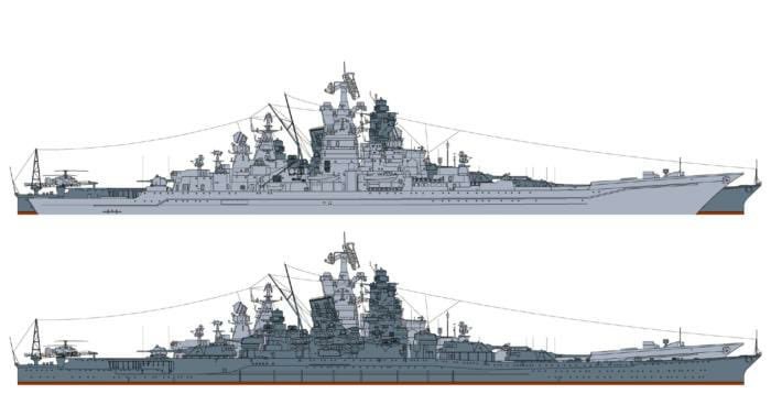 图片:基洛夫级和著名的"大和"号战列舰的侧视对比图,两舰在侧影上很
