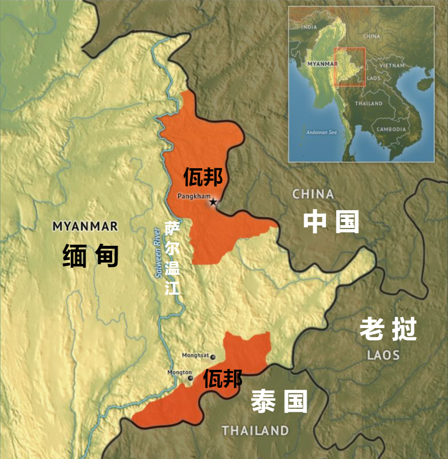 但仔细看地图就会发现,佤邦由南北两块地区组成,被一分为二,中间不