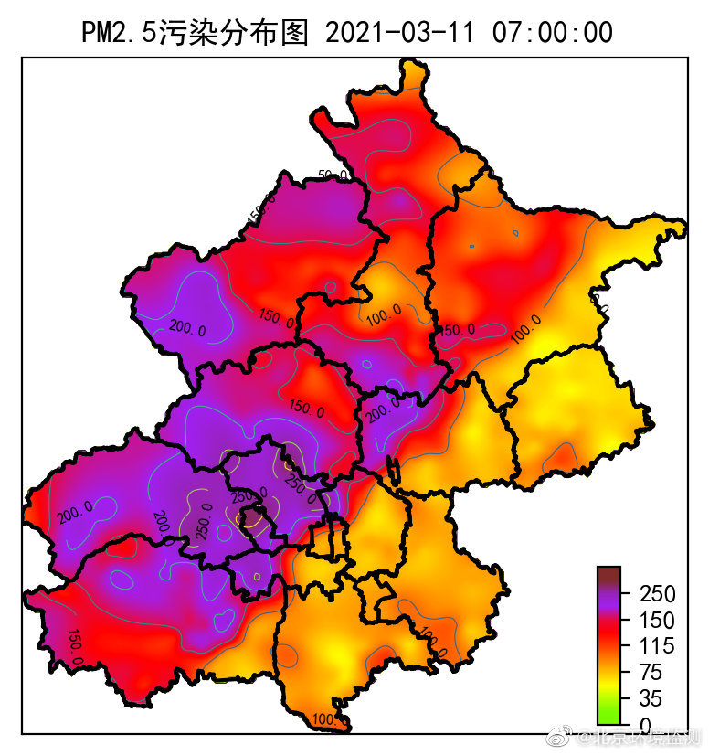 北京pm25呈明显北高南低分布奥体站点为6级严重污染