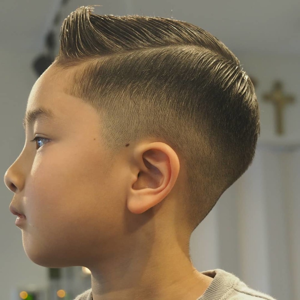 现在很多小男孩都喜欢模仿大人地造型,比如这款二八分地油头造型 ,小