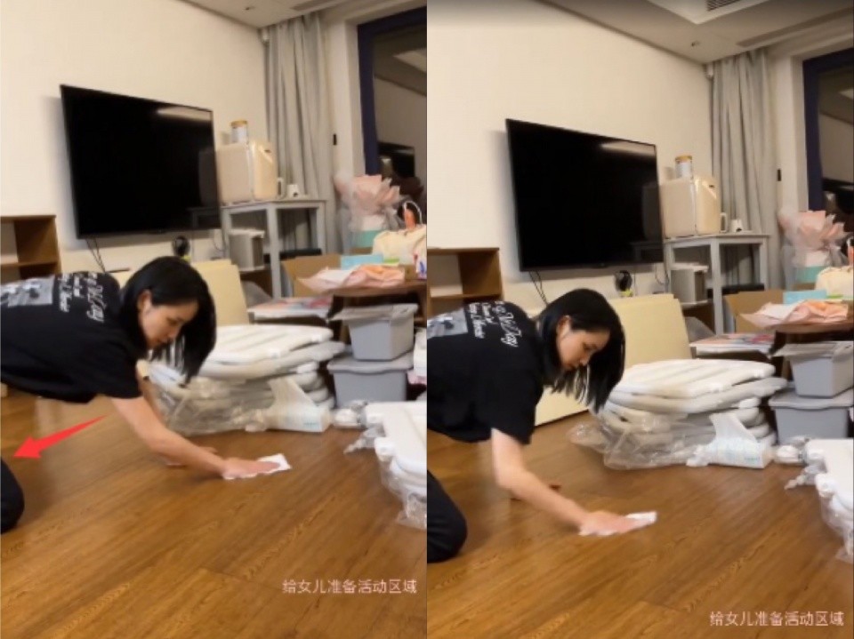贤妻良母林峯太太张馨月为女儿跪着擦地板却意外曝光狭小客厅