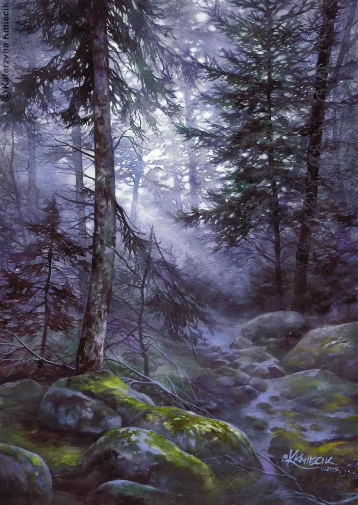 水彩风景迷雾阳光森林