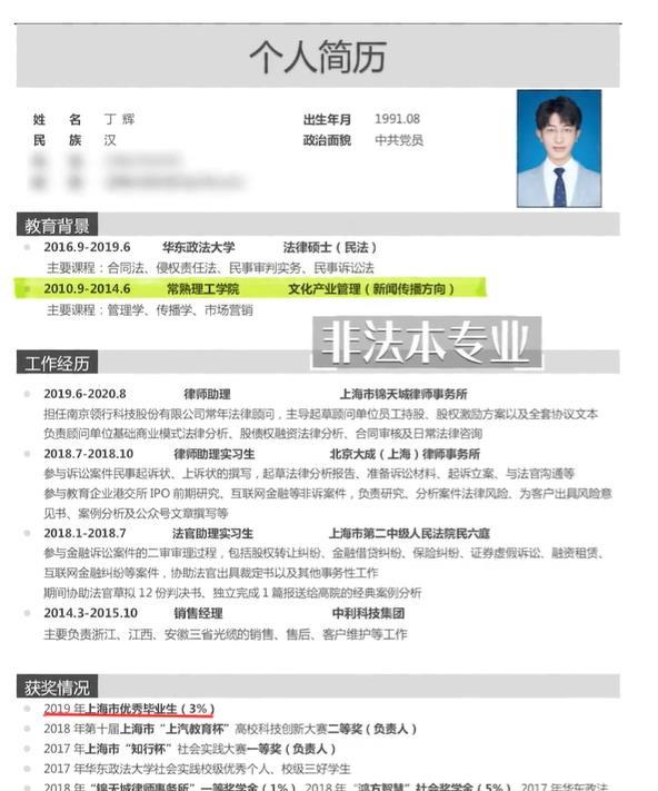 看简历,丁辉足够优秀!