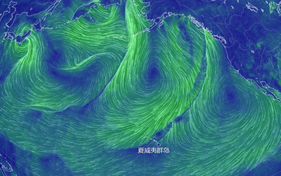 夏威夷群岛附近近地面风向示意图