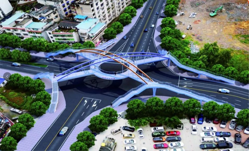 天桥效果图)体育中心人行天桥位于市府路,工农路,旗峰大道交叉路口