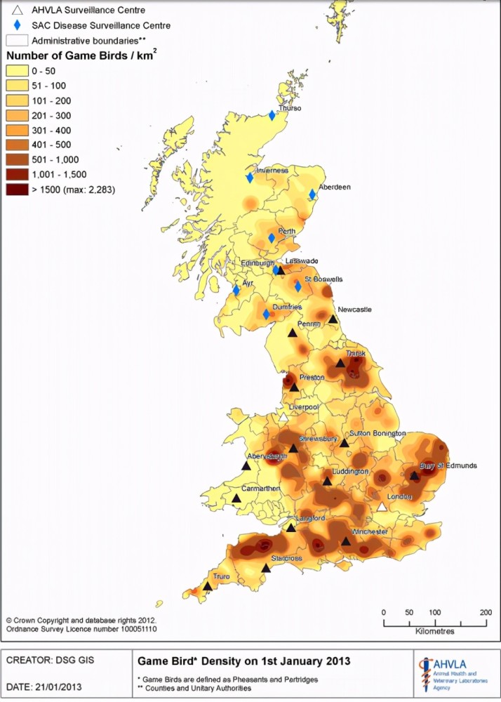 英国野鸡分布密度,颜色越深密度越高据2018年时ahvla统计,英国3907个