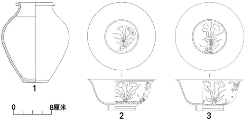 图二三 大河头村hm3出土器物1.釉陶罐(hm3:1)2,3.