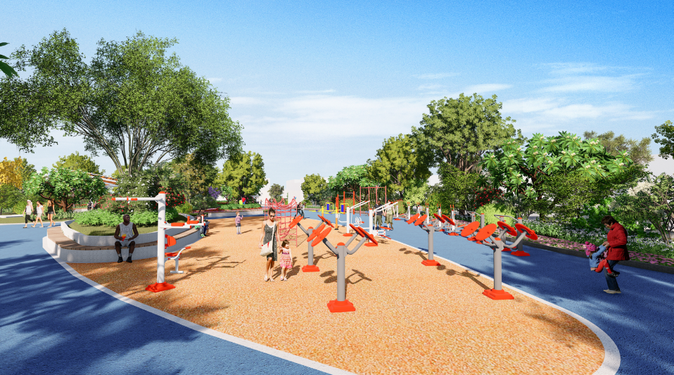 健身康乐区(效果图)儿童游玩区林间的滑梯,吊桥丰富了儿童在园中的