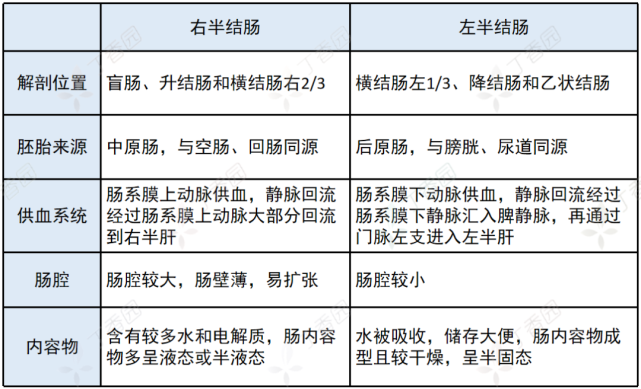 差异 1:生理方面差异右半和左半结肠在胚胎来源,解剖结构,生理功能等