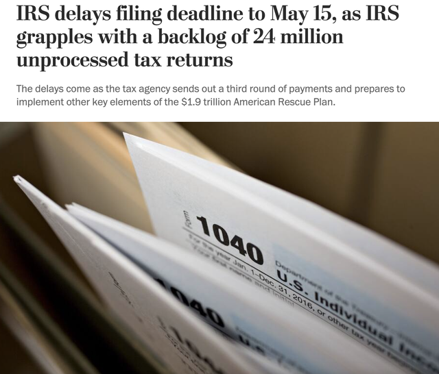 报税截止日或延至5月 因大量报税文件积压恐削弱拜登刺激经济的努力 腾讯新闻