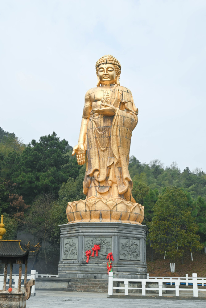 树木和天空的云,构成了一幅淡墨山水画,华东第一大石佛伫立在山脚下